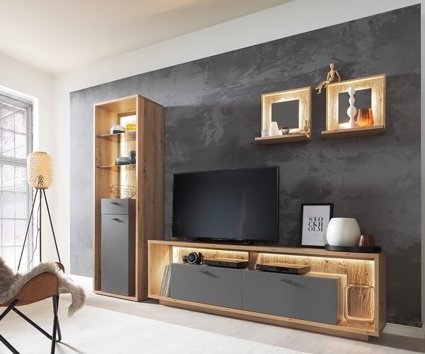 Nástěnná deska Lome 45x20 cm dubový vzhled sada 2 úložných přihrádek s LED osvětlením - Image 2