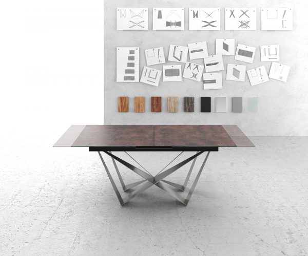 Jídelní stůl Edge 180/220x90cm sklo antická hnědá středová noha plochá ocel stříbrná rozkládací - Image 6