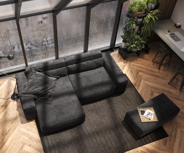 Rohová pohovka Sirpio XL 270x175 cm microvlákno černá variabilně montovatelný longchair s taburetem - Image 4