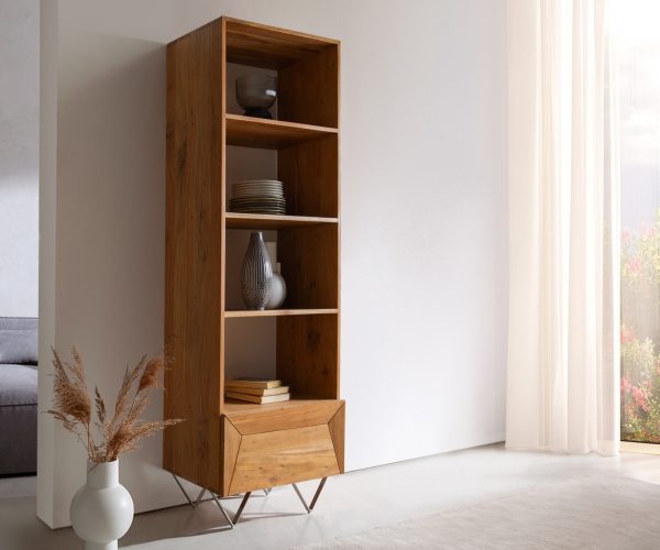 Skříň Kayu 55x180 cm přírodní akácie knihovna 1 dvířka podnož ve tvaru "V"