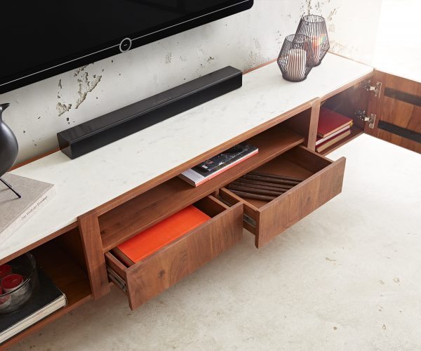 TV stolek Secara 200 cm akácie hnědá 2 dveře 2 zásuvky mramorový plovoucí - Image 5