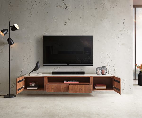 TV stolek Secara 200 cm akácie hnědá 2 dveře 2 zásuvky mramorový plovoucí - Image 4