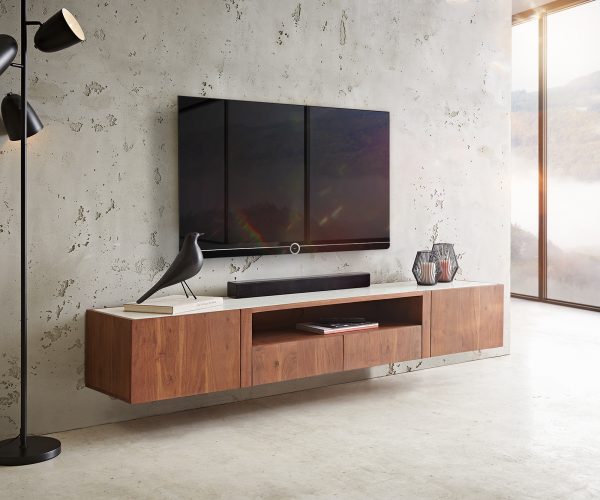 TV stolek Secara 200 cm akácie hnědá 2 dveře 2 zásuvky mramorový plovoucí - Image 2
