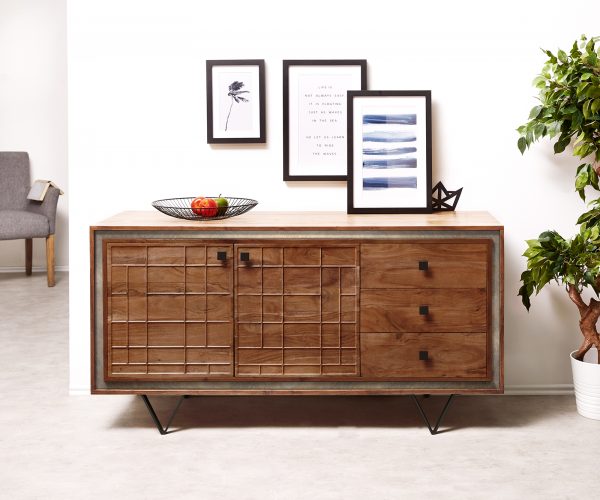 Komoda Stonegrace 150 cm akácie hnědá 3D 2 dveře 3 zásuvky V-noha černá - Image 2