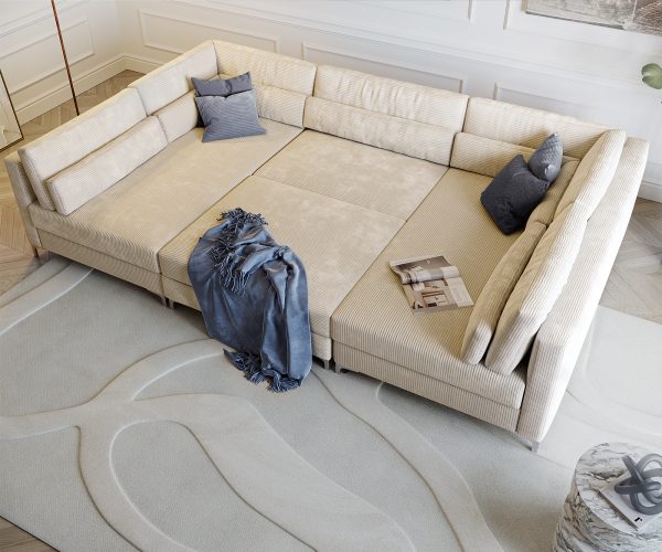 Pohovka ve tvaru "U" Elio 300x185 cm Cord béžová s taburetem - Image 6
