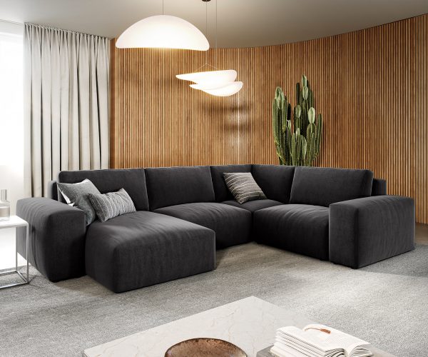 Pohovka ve tvaru "U" Lanzo L 330x230 cm, černý mikrovlákno, variabilně montovatelný longchair