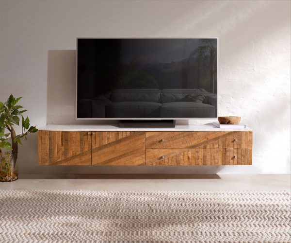 TV stolek Bahan 175 cm mango v teakovém stylu, 2 dveře, 2 zásuvky, mramorově bílá - Image 2