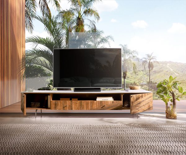 TV stolek Bahan 220 cm teakový styl mango 2 dveře 2 zásuvky 1 přihrádka mramorově bílá - Image 4