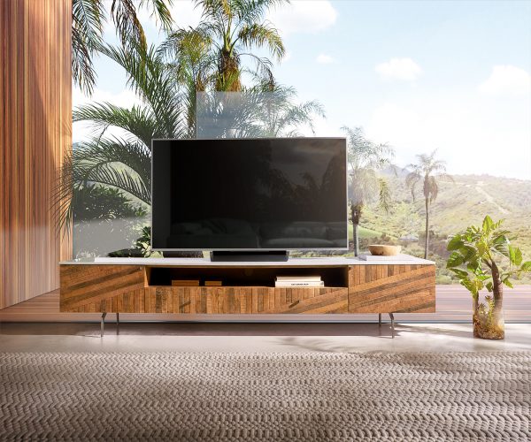 TV stolek Bahan 220 cm teakový styl mango 2 dveře 2 zásuvky 1 přihrádka mramorově bílá - Image 2