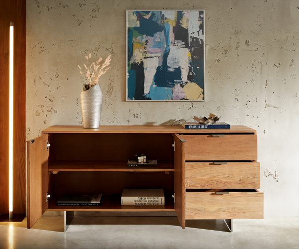 Komoda Teele 147 cm přírodní akácie a břidlice 2 dveře 3 zásuvky plovoucí styl nohy nerezová ocel - Image 5