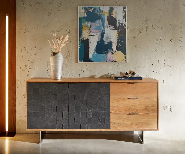 Komoda Teele 147 cm přírodní akácie a břidlice 2 dveře 3 zásuvky plovoucí styl nohy nerezová ocel - Image 2