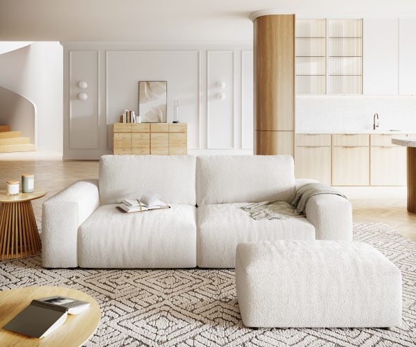 Velká pohovka Lanzo XL 270x125 cm bouclé krémově bílá s taburetem - Image 2