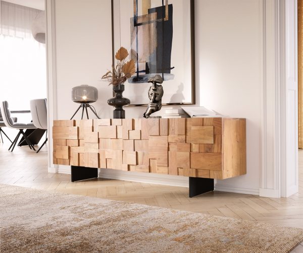TV stolek Puzzle 175 cm přírodní akácie, nohy ve stylu floating, kovové černé