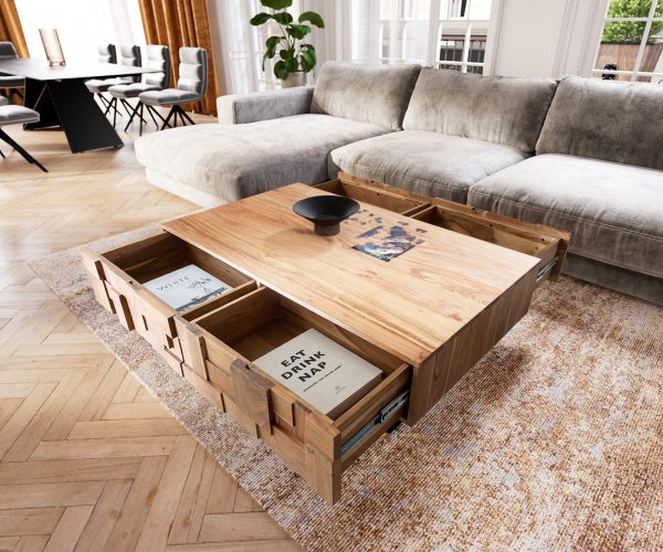 Konferenční stolek Puzzle 120 cm přírodní akácie, nohy ve stylu floating, kovové černé - Image 4