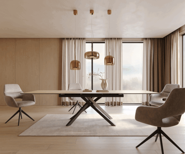 Jídelní stůl Edge keramický Laminam® Sabbia dubová barva 200–300×100 cm, křížová podnož, kov černý, rozkládací - Image 2