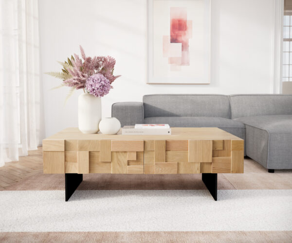 Konferenční stolek Puzzle 120x70x40 cm přírodní dub 4 zásuvky kov černý vznášející se styl - Image 2
