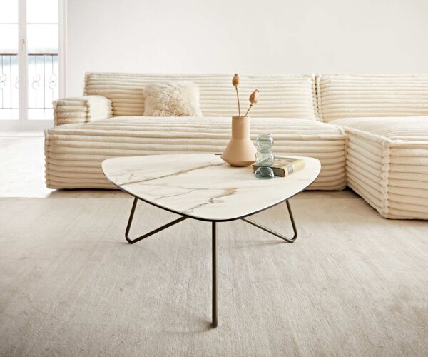 Konferenční stolek Ekrem 85x35 cm keramika Calaccatta Luxe bílá-zlatá-šedá, křížový rám, kulatý kov s titanovým efektem - Image 2