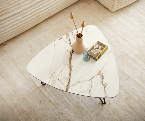 Konferenční stolek Ekrem 85x35 cm keramika Calaccatta Luxe bílá-zlatá-šedá, křížový rám, kulatý kov s titanovým efektem - Image 5