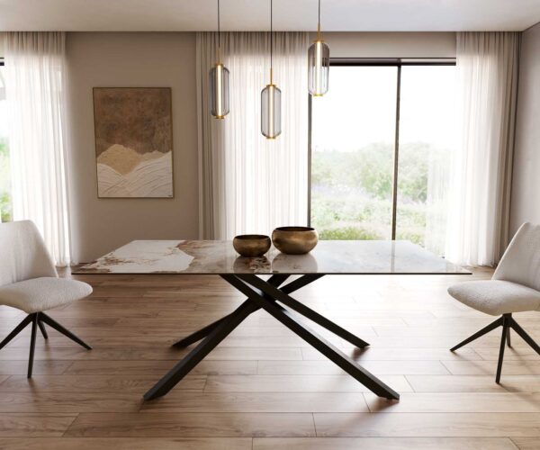 Jídelní stůl Edge keramika Minas Melange bílá-béžová 200x100 cm, křížová podnož, kov černý, obdélníkový - Image 2
