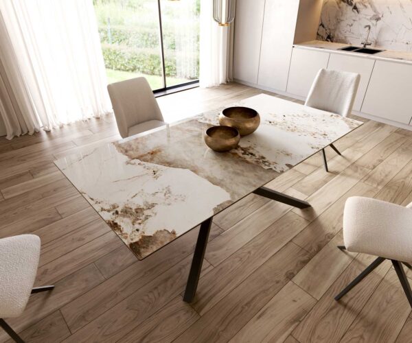 Jídelní stůl Edge keramika Minas Melange bílá-béžová 200x100 cm, křížová podnož, kov černý, obdélníkový - Image 6