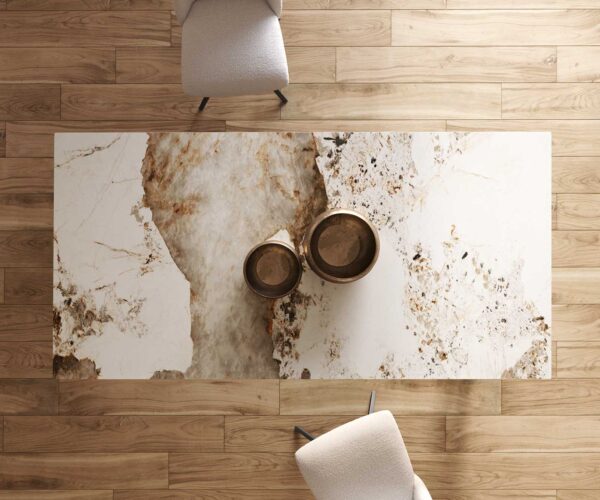 Jídelní stůl Edge keramika Minas Melange bílá-béžová 200x100 cm, křížová podnož, kov černý, obdélníkový - Image 7
