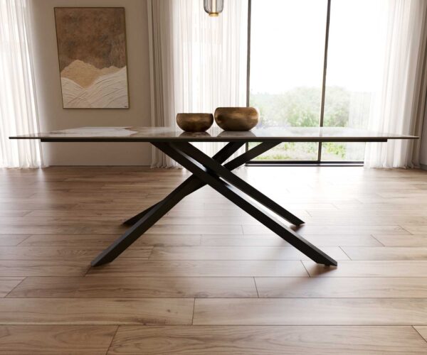 Jídelní stůl Edge keramika Minas Melange bílá-béžová 200x100 cm, křížová podnož, kov černý, obdélníkový - Image 8