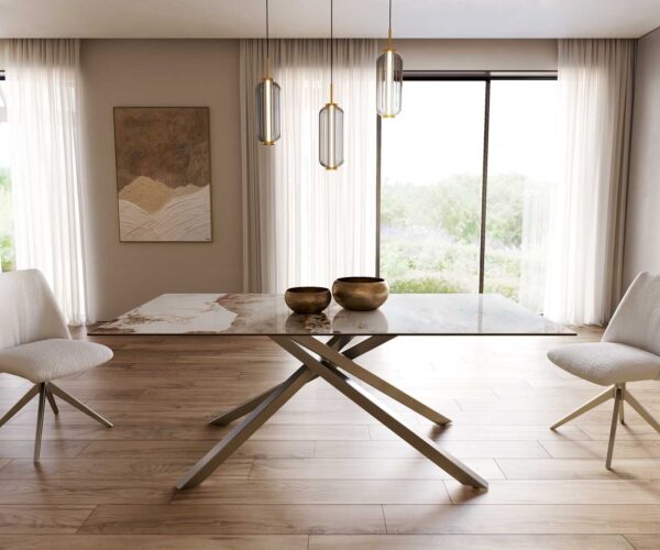 Jídelní stůl Edge keramika Minas Melange bílá-béžová 200x100 cm, křížová podnož, obdélníkový, nerezová ocel - Image 2