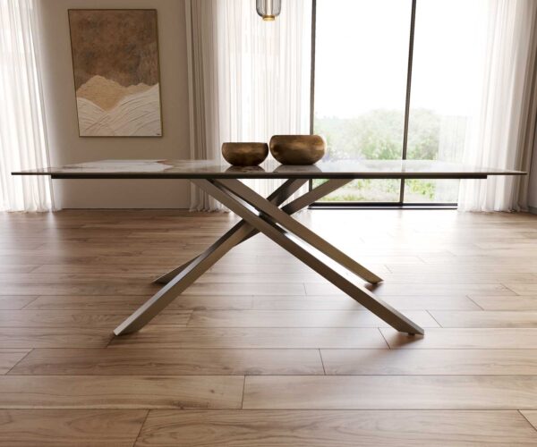 Jídelní stůl Edge keramika Minas Melange bílá-béžová 200x100 cm, křížová podnož, obdélníkový, nerezová ocel - Image 8