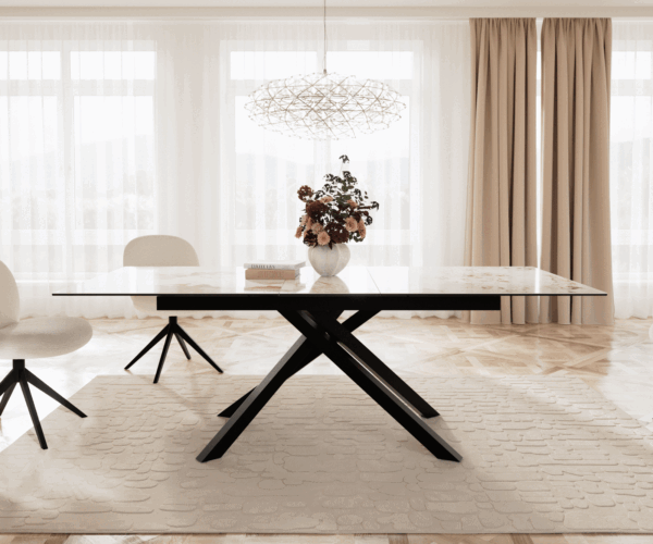 Jídelní stůl Edge keramika Minas Melange bílá-béžová 180x220x100 cm, křížová kovová černá podnož, rozkládací, obdélníkový - Image 2