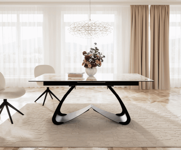 Jídelní stůl Edge keramika Minas Melange bílá-béžová 180x220x100 s černou kovovou podnoží rozkládací - Image 2