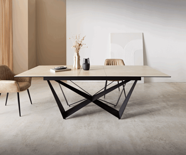 Jídelní stůl Edge keramický, travertinová barva, 180-220x100 cm, černá kovová noha ve tvaru pavouka, rozkládací - Image 2