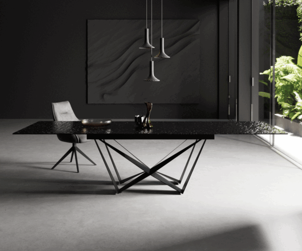 Jídelní stůl Edge reliefní sklo kouřově černé 3D design 200-300x100 pavoučí plochý kov černý rozkládací - Image 2