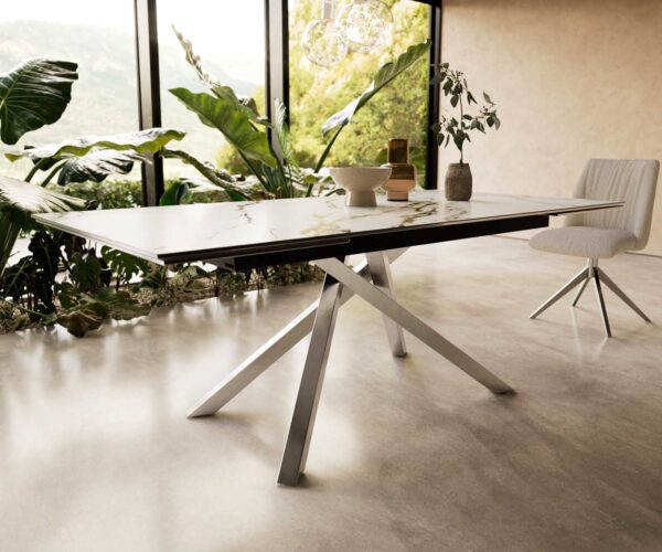 Jídelní stůl Edge keramika Calacatta Luxe bílá-zlatá-šedá 200-300x100 cm, křížová podnož, obdélník, nerezová ocel, rozkládací - Image 7