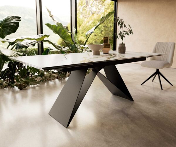 Jídelní stůl Edge keramika Calacatta Luxe bílá-zlatá-šedá 200-300x100 V-základna plochý kov černý rozkládací - Image 7