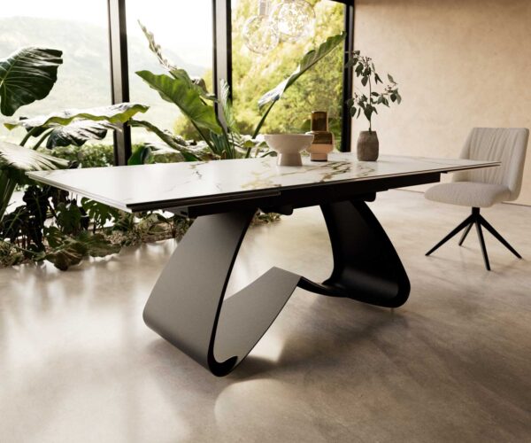 Jídelní stůl Edge keramika Calacatta Luxe bílá-zlatá-šedá 200-300x100 s černou kovovou podnoží rozkládací - Image 7