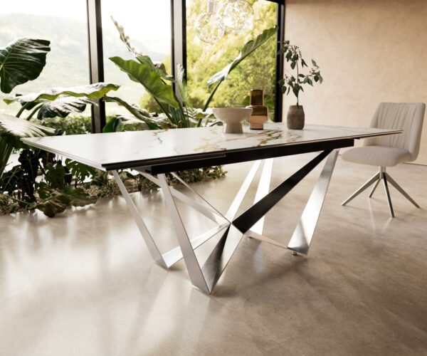 Jídelní stůl Edge keramika Calacatta Luxe bílá-zlatá-šedá 200-300x100 pavouk plochý nerez rozkládací - Image 7