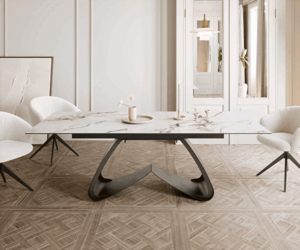 Jídelní stůl Edge keramika Calacatta Luxe bílá-zlatá-šedá 180-220x100 s podnoží kovový efekt titan rozkládací - Image 2