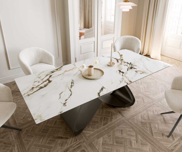 Jídelní stůl Edge keramika Calacatta Luxe bílá-zlatá-šedá 180-220x100 s podnoží kovový efekt titan rozkládací - Image 6
