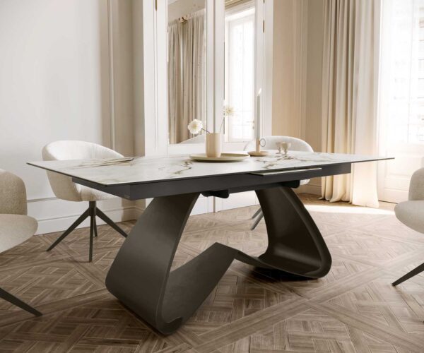 Jídelní stůl Edge keramika Calacatta Luxe bílá-zlatá-šedá 180-220x100 s podnoží kovový efekt titan rozkládací - Image 7