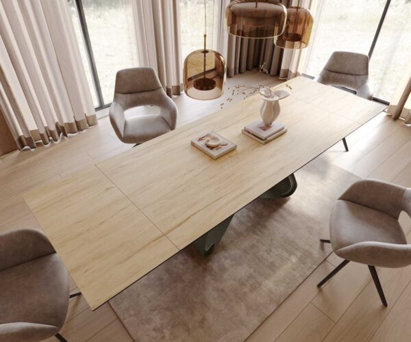 Jídelní stůl Edge keramický Laminam® Sabbia dubová barva 200–300×100 cm s podnoží v kovovém efektu titan, rozkládací - Image 6
