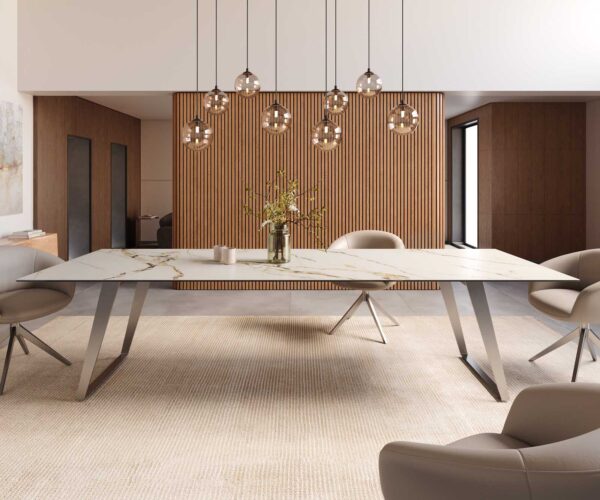 Jídelní stůl Edge keramika Calacatta Luxe bílá-zlatá-šedá 300x100 šikmé nohy nerezová ocel - Image 2
