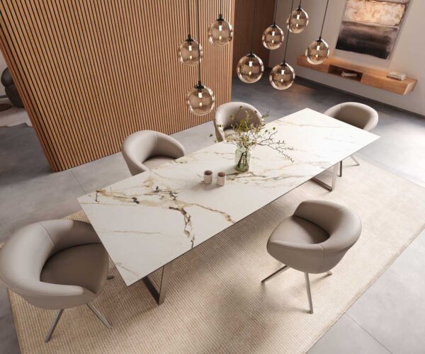 Jídelní stůl Edge keramika Calacatta Luxe bílá-zlatá-šedá 300x100 šikmé nohy nerezová ocel - Image 6