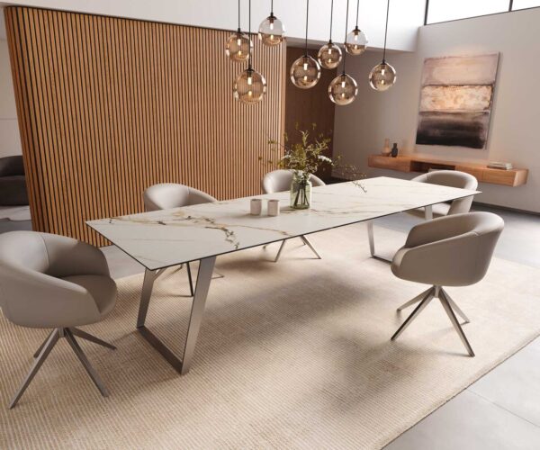 Jídelní stůl Edge keramika Calacatta Luxe bílá-zlatá-šedá 300x100 šikmé nohy nerezová ocel - Image 8