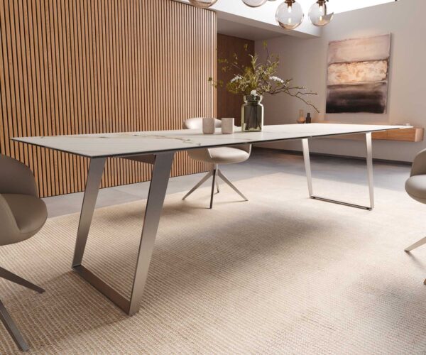 Jídelní stůl Edge keramika Calacatta Luxe bílá-zlatá-šedá 300x100 šikmé nohy nerezová ocel - Image 7