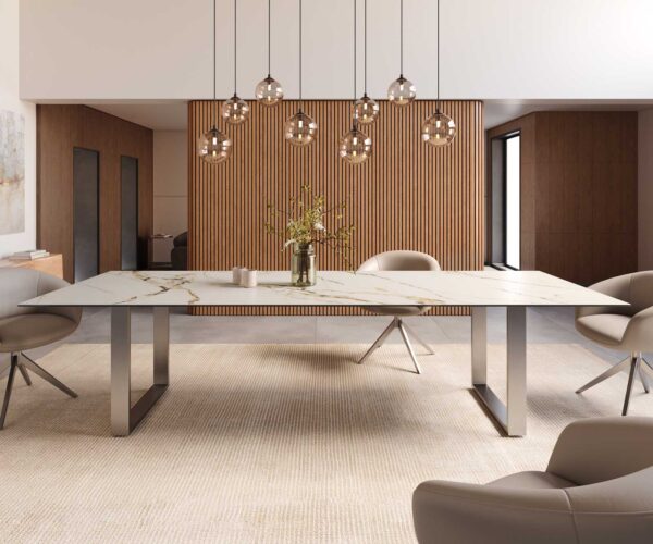 Jídelní stůl Edge keramika Calacatta Luxe bílá-zlatá-šedá 300x100 úzké nohy nerezová ocel - Image 2