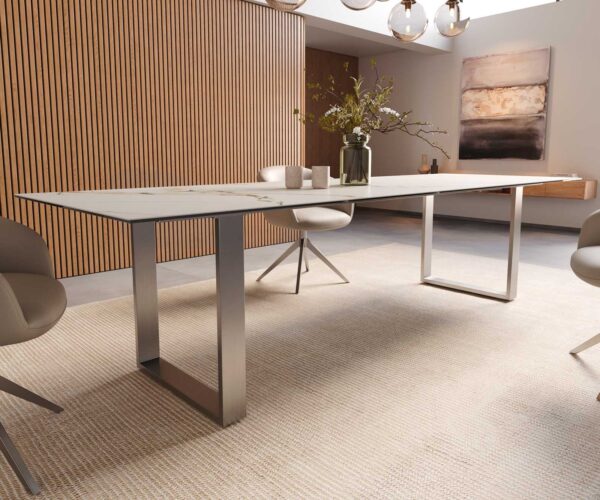 Jídelní stůl Edge keramika Calacatta Luxe bílá-zlatá-šedá 300x100 úzké nohy nerezová ocel - Image 7