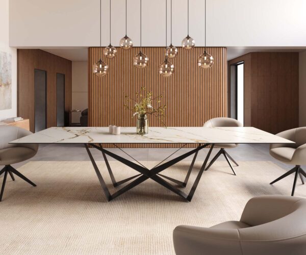 Jídelní stůl Edge keramika Calacatta Luxe bílá-zlatá-šedá 300x100 pavouk plochý kov černý - Image 2