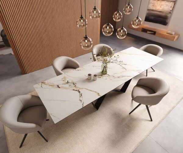 Jídelní stůl Edge keramika Calacatta Luxe bílá-zlatá-šedá 300x100 pavouk plochý kov černý - Image 6