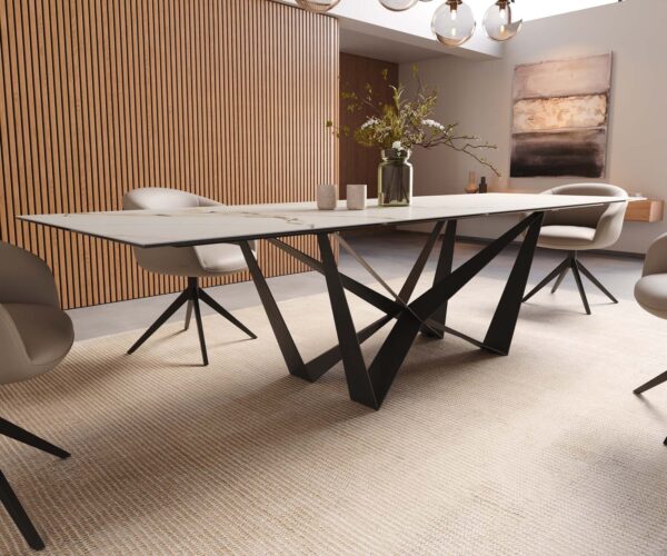 Jídelní stůl Edge keramika Calacatta Luxe bílá-zlatá-šedá 300x100 pavouk plochý kov černý - Image 7
