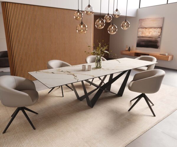 Jídelní stůl Edge keramika Calacatta Luxe bílá-zlatá-šedá 300x100 pavouk plochý kov černý - Image 8